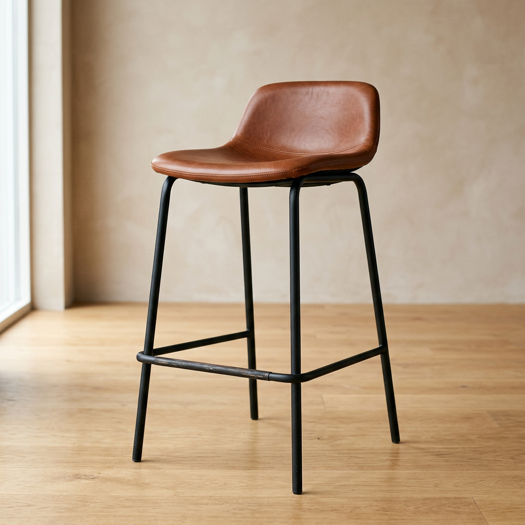 Ridge black metal bar stool with cognac leather seat