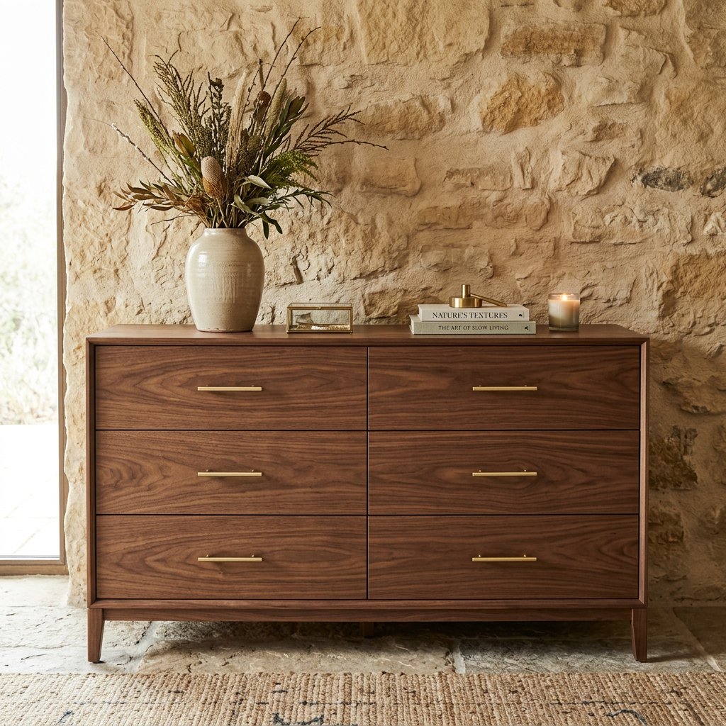 Walnut dresser with brass pulls