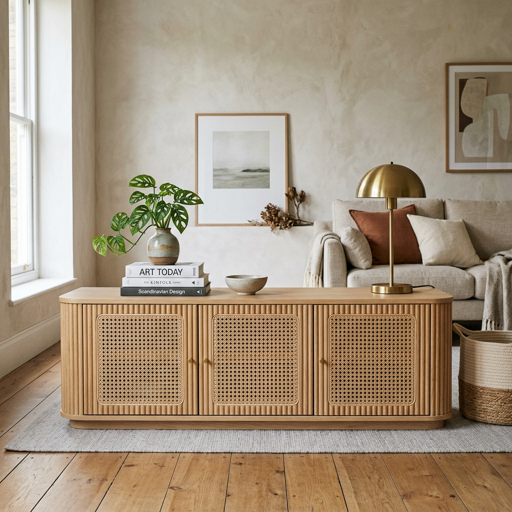 Fluted wood media console with cane doors