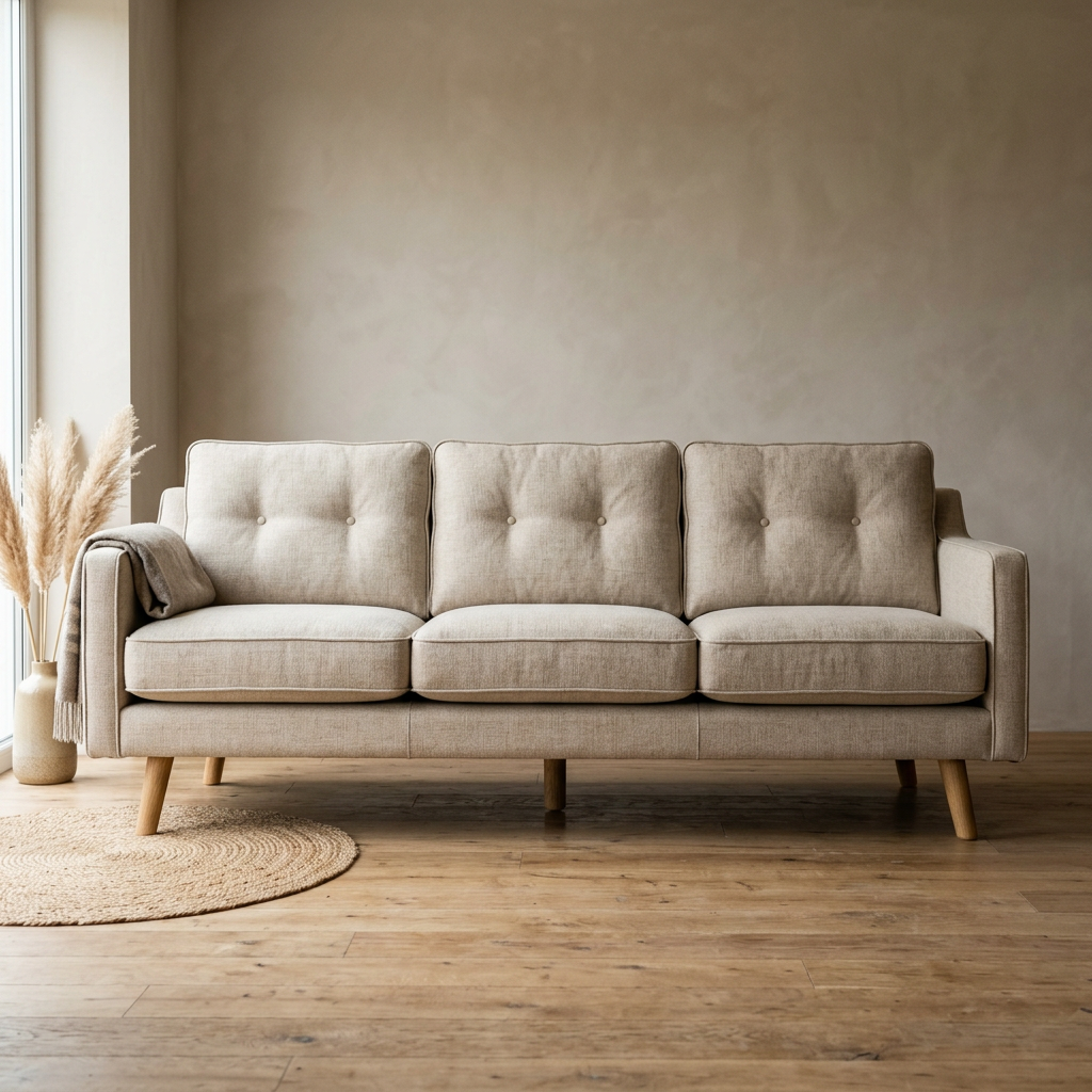 Callan three-seat sofa in oatmeal linen with oak legs